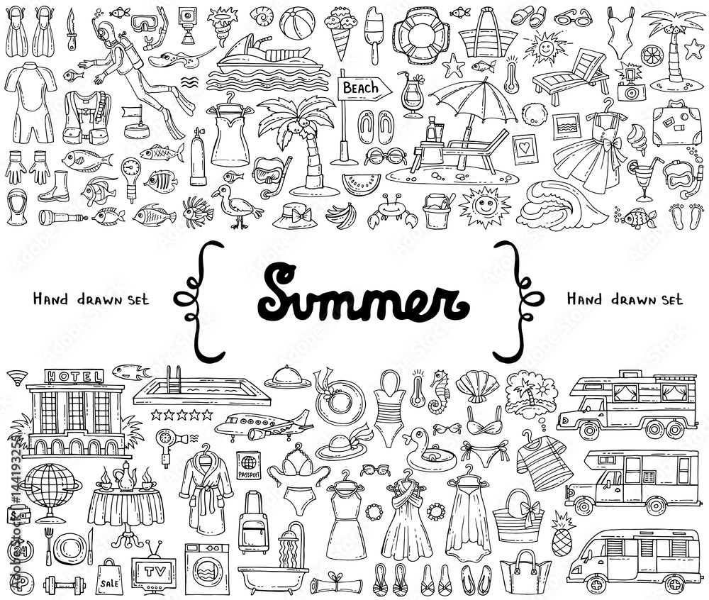 Vector set with hand drawn isolated doodles on the  theme of summer, travel, tourism. Flat illustrations on white background