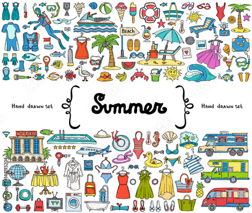 Vector set with hand drawn colored doodles on the theme of summer, travel, tourism. Flat illustrations on white background