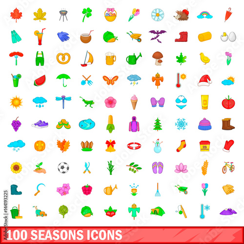 100 season icons set, cartoon style