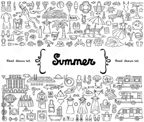 Vector set with hand drawn isolated doodles on the theme of summer, travel, tourism. Flat illustrations on white background