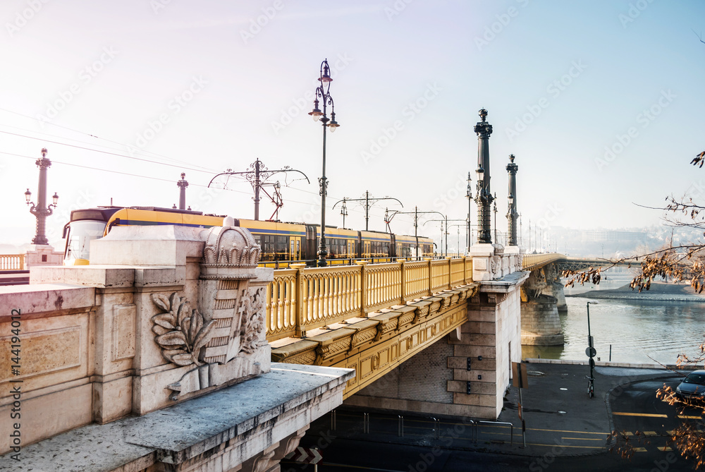 Margaret bridge with tram, winter sunny day