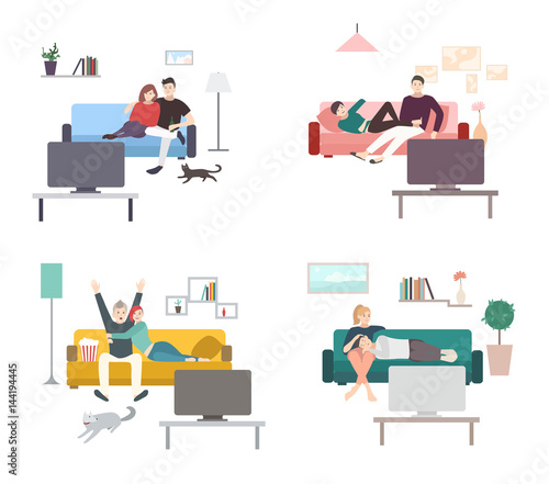 Set of a couple watches TV. Flat colorful illustration. People, men and women in living room, leisure.