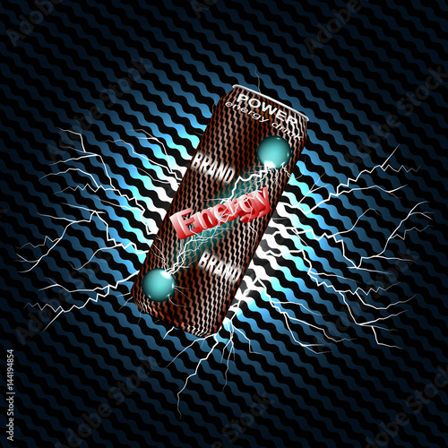 Energy drink contained in black can, with current element surrounds, blue background,