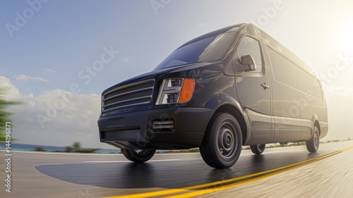 Black Cargo Van on Countryside Road at Sunny Day Motion Blurred Fisheye Lens 3d Illustration