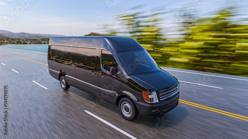 Black Commercial Van on Highway Motion Blurred 3d Illustration
