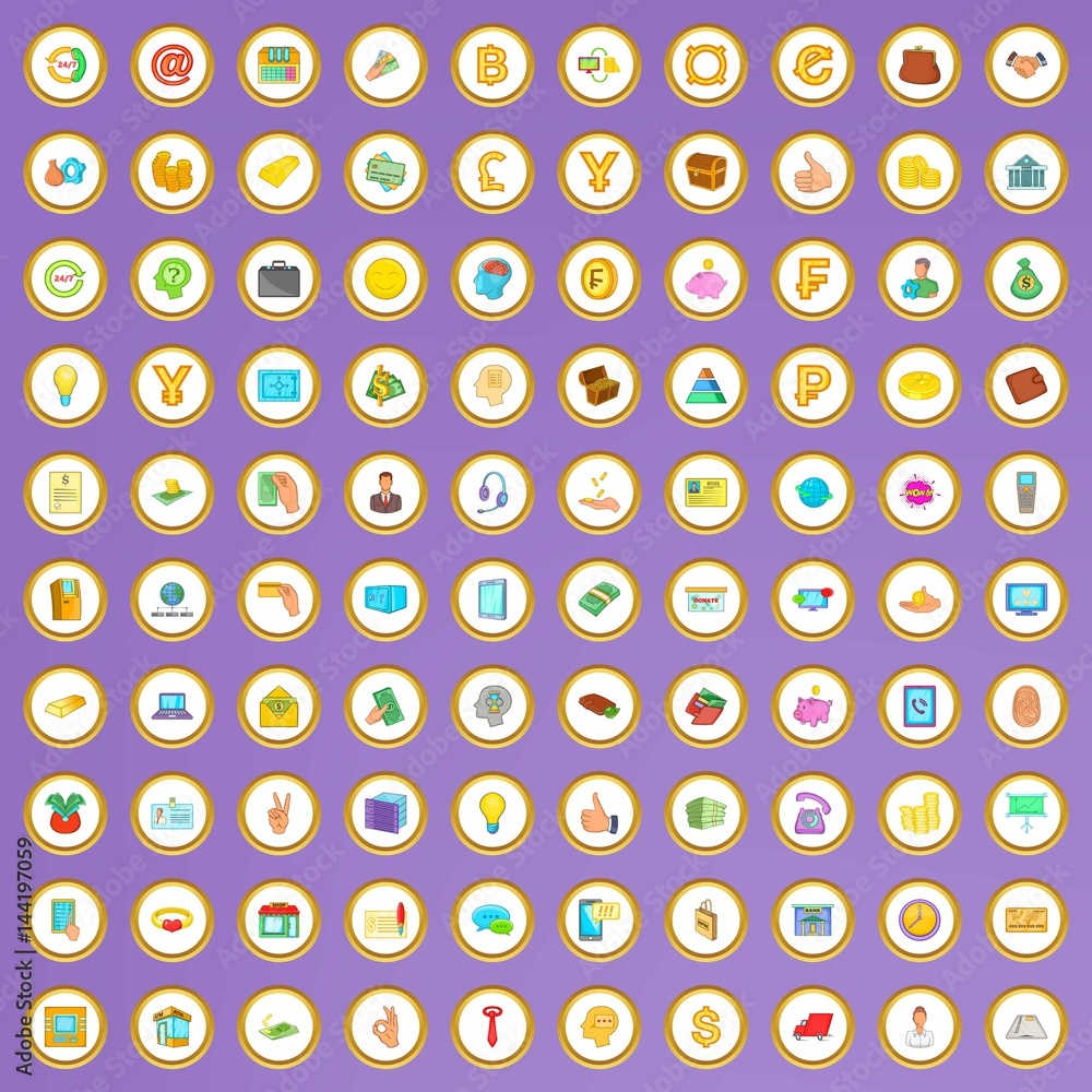 100 bank icons set in cartoon style 100 bank icons set in cartoon style