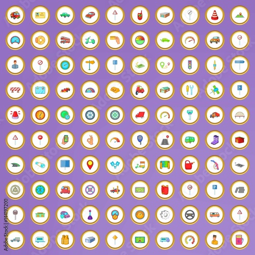 100 car icons set in cartoon style