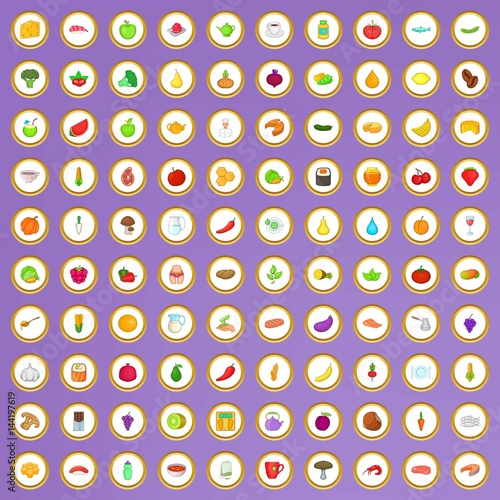 100 dietary products icons set in cartoon style