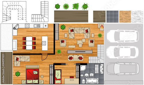 Illustration of furniture interior icons top view