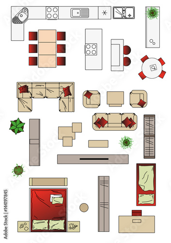 Illustration of furniture interior icons top view