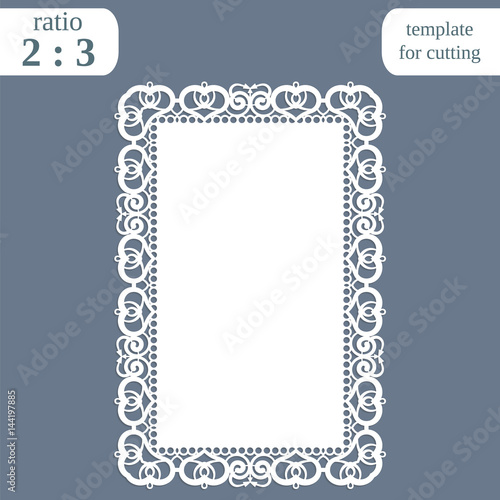 Greeting card with openwork border,  rectangular paper doily, template for cutting, wedding invitation, decorative plate is laser cut, frame with lace edge, vector illustrations.