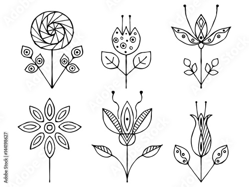 Set of vector hand drawn decorative stylized black and white childish flowers. Doodle style  graphic illustration. Ornamental cute line drawing. Series of doodle  cartoon  sketch illustrations.