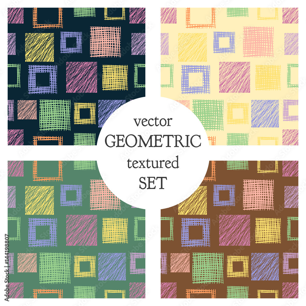 Set of seamless vector geometrical patterns with squares . pastel endless background with hand drawn textured geometric figures. Graphic vector illustration