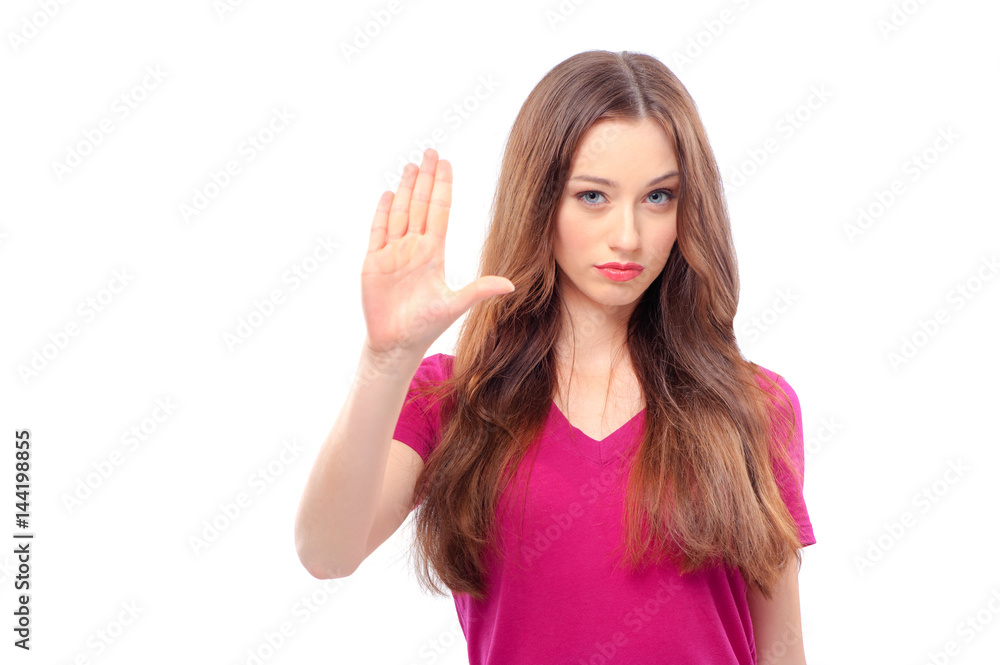 woman stretching out hands and showing her palm woman stretching out hands and showing her palm