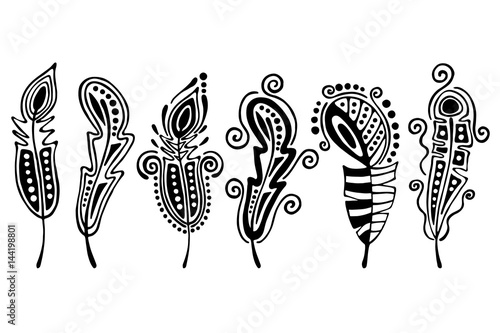 Vector set of hand drawn illustration, decorative ornamental stylized feather. Black and white graphic illustration isolated on the white background. Inc drawing silhouette.