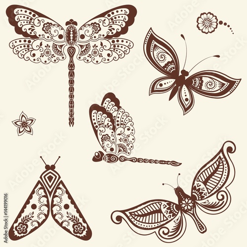 Vector illustration of mehndi ornament - butterflies, dragonflies. Traditional indian style, ornamental floral elements for tattoo, mehndi and yoga and prints. Abstract floral vector illustration.