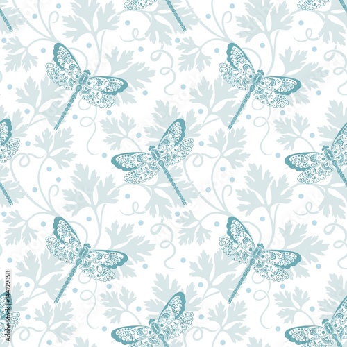 Vector flower seamless pattern background. Elegant texture for backgrounds. With dragonfly and parsley.