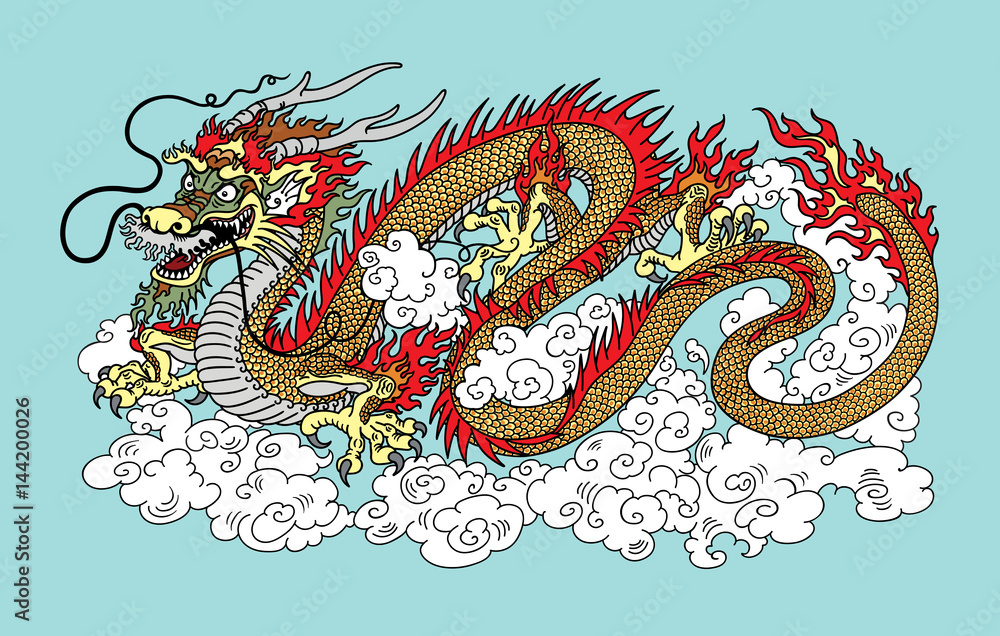 Chinese dragon in the sky surrounded by clouds. Vector illustration on blue background