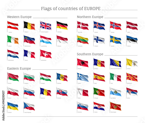 Set of national wavy flags on flagpole. Countries symbols of Europe: Hungary, Belarus and Scotland, France, Italy and Estonia, Finland and Sweden. Vector icons isolated on background