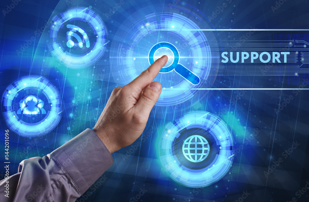 Fototapeta premium Business, Technology, Internet and network concept. Young businessman working on a virtual screen of the future and sees the inscription: Support