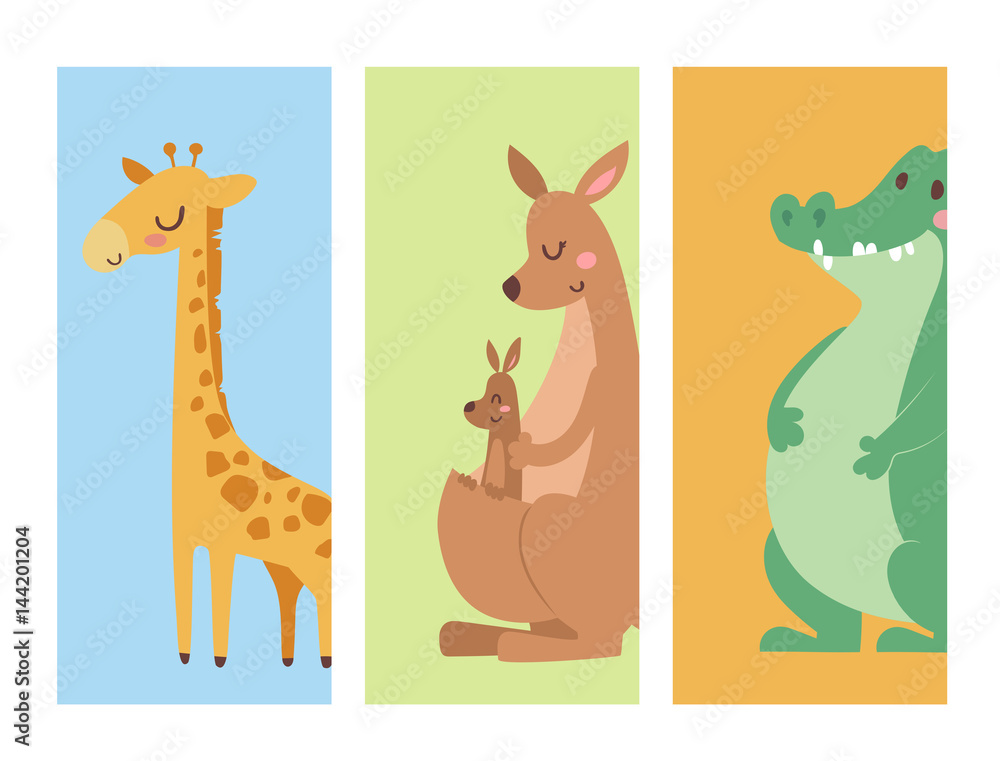 Obraz premium Cute zoo cartoon animals cards funny wildlife learn cute language and tropical nature safari mammal jungle tall characters vector illustration.