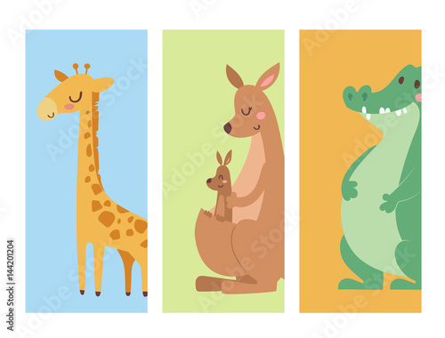 Fototapeta Naklejka Na Ścianę i Meble -  Cute zoo cartoon animals cards funny wildlife learn cute language and tropical nature safari mammal jungle tall characters vector illustration.