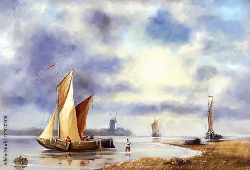 Obraz Klasyczne obrazy olejne. Pejzaż morski. Rybak i łódź. Sztuka cyfrowa.