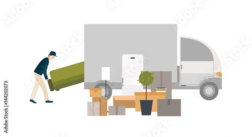 Worker loading things for transportation. Moving into a new house. Cartoon illustration in flat style.