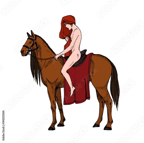 Nude women riding a horse. Lady Godiva. Colorful illustration.