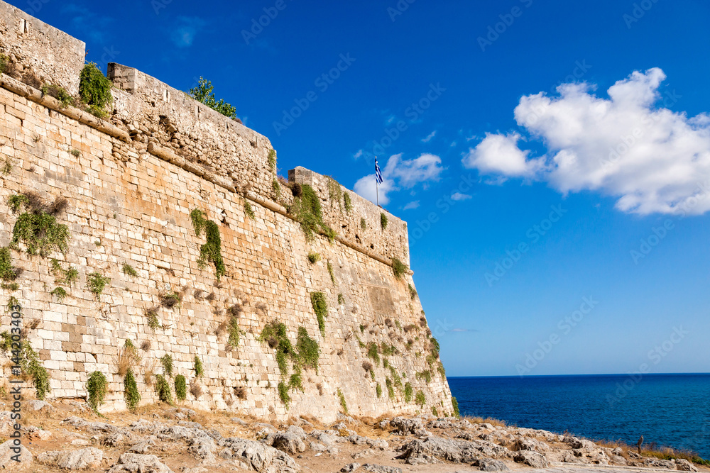 The stone wall of ancient Fortezza in Rethymno city on Crete, Greece