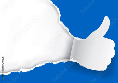 Thumbs up Ripped paper background.
Paper background with torn thumbsup.Place for your text or image. Usefull as Advertisement template. Vector available.