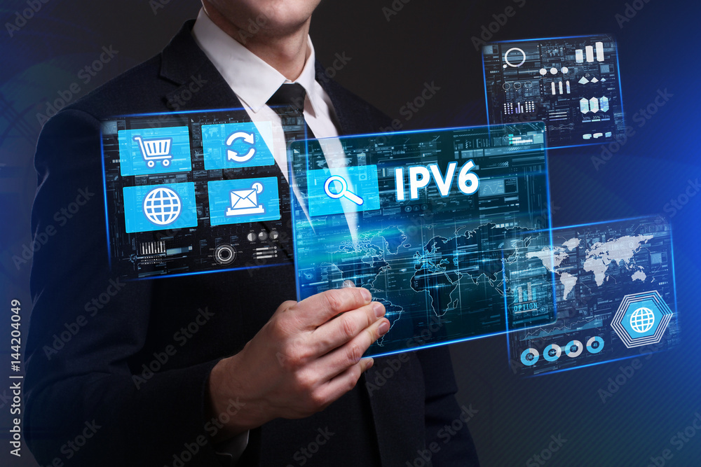 Obraz premium Business, Technology, Internet and network concept. Young businessman working on a virtual screen of the future and sees the inscription: IPv6