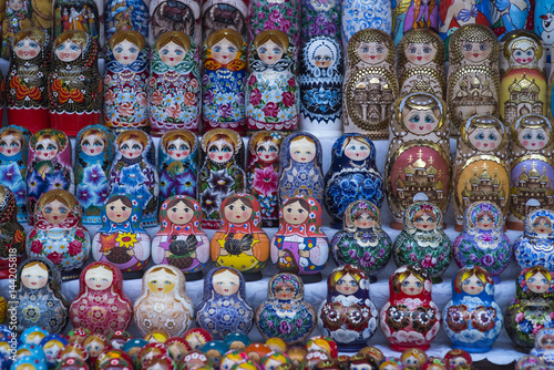 Beautiful colourful wooden dolls matryoshka at market. Matryoshka dolls is folks cultural symbol of Russia