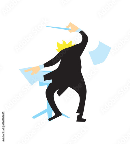 Conductor directing symphony orchestra vector illustration isolated on white background. Classical music artist in flat design.