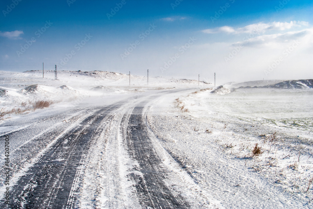 Blizzard by a frozen road