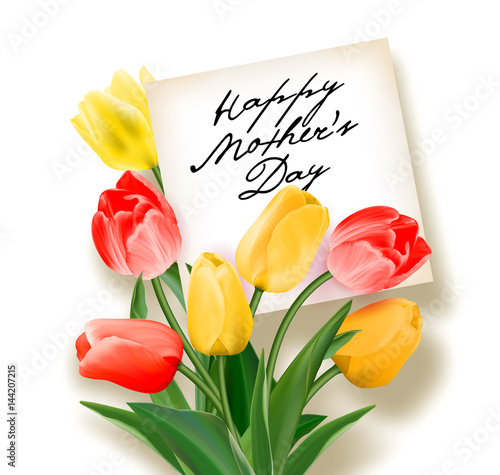 Bouquet of red and yellow tulips with a note inside and inscription Happy Mother's Day. Greeting card to Mothers Day. Vector realistic tulip flowers. Not trace.