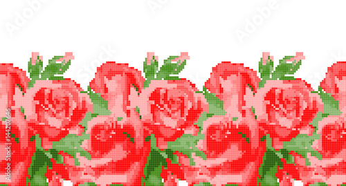 Cross stitch red rose on white background. Vector pattern for embroidery or needlework. Modern tattoo.