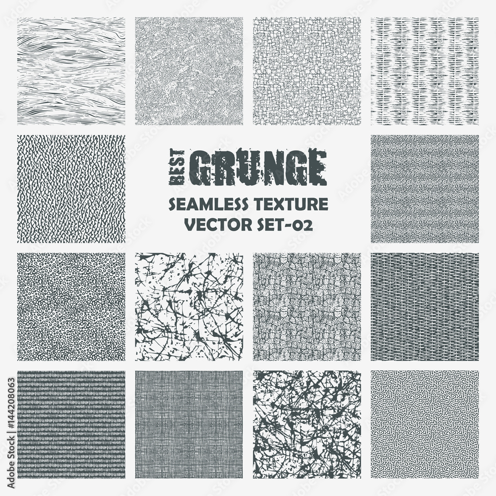 Set of grange seamless patterns. Simple vector scratch textures with dots, strokes and doodles. - obrazy, fototapety, plakaty 