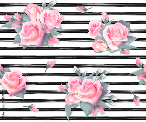 Navy striped print with bouquets of rose flowers Seamless vector pattern with speckled backdrop.