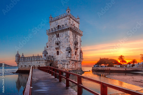 Belem Tower or Tower of St Vincent on the bank of the Tagus River at scenic sunset, Lisbon, Portugal