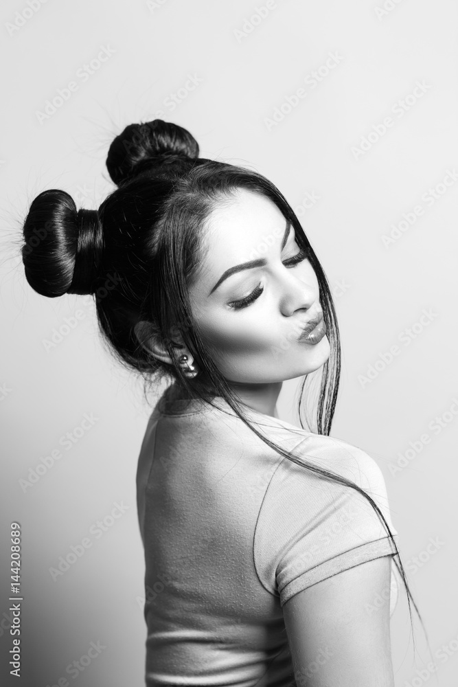 black and white portrait of beautiful sexy brunette woman with hair of  mouse. girl kissing Stock Photo | Adobe Stock