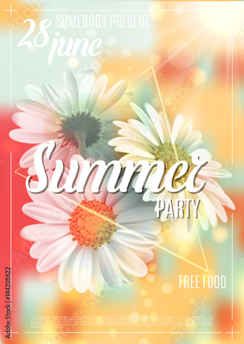 Summer background with chamomile and delicate blurred shining background. Summer party poster concept. Template for banners, web, flyer, voucher. Vector illustration.