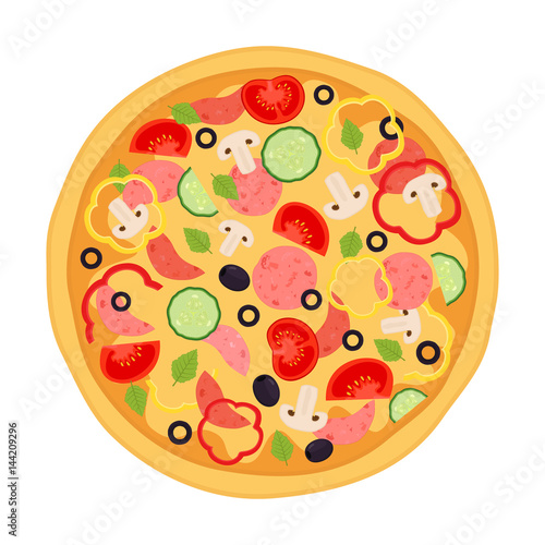 Pizza with meat, pepperoni, tomato, pepper, cucumber, mushroom, olive, basil.