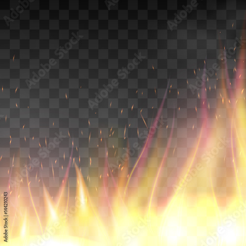 Fiery design template. Graphic element with flame, flaming bonfire. Realistic blazing campfire effect. Vector illustration of fire isolated on black transparent background