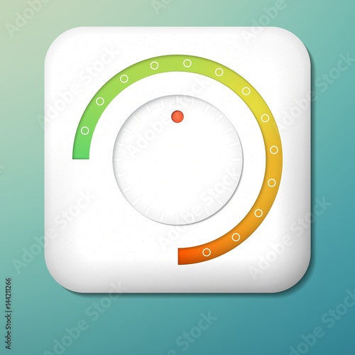 Vector plastic volume button. Green to orange scale. Control knob. Adjustment icon.