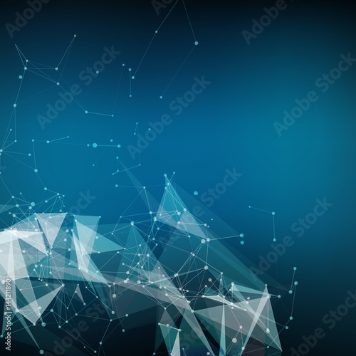 Abstract vector mesh background. Chaotically connected points and polygons flying in space. Flying debris. Futuristic technology style card. Lines, points, circles and planes. Futuristic design. © garrykillian