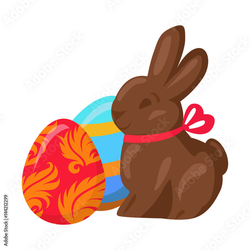 Sweet Chocolate Bunny and Two Multicolored Eggs