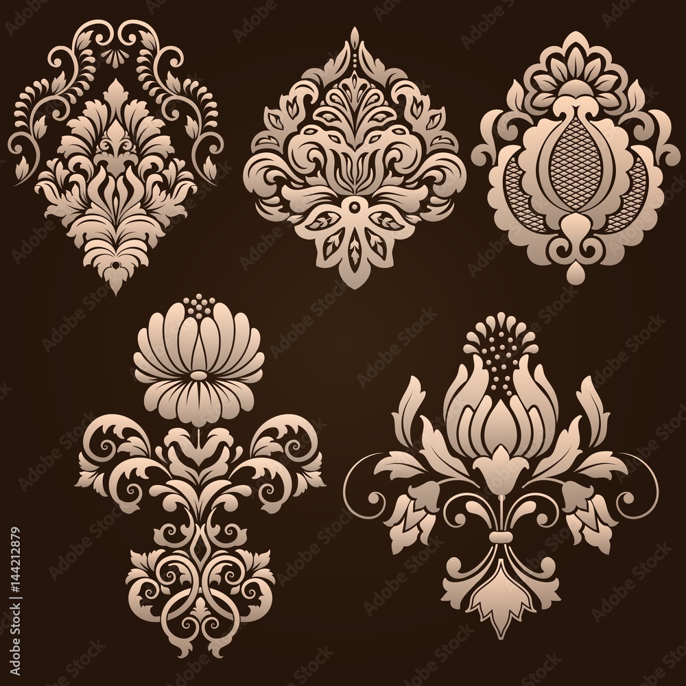 Vector set of damask ornamental elements. Elegant floral abstract elements for design. Perfect for invitations, cards etc. Vector set of damask ornamental elements. Elegant floral abstract elements for design. Perfect for invitations, cards etc.