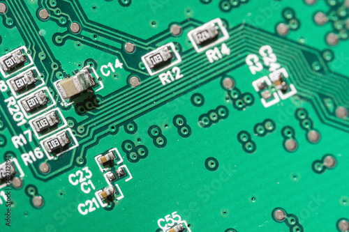 Electronic components on the printed circuit board.