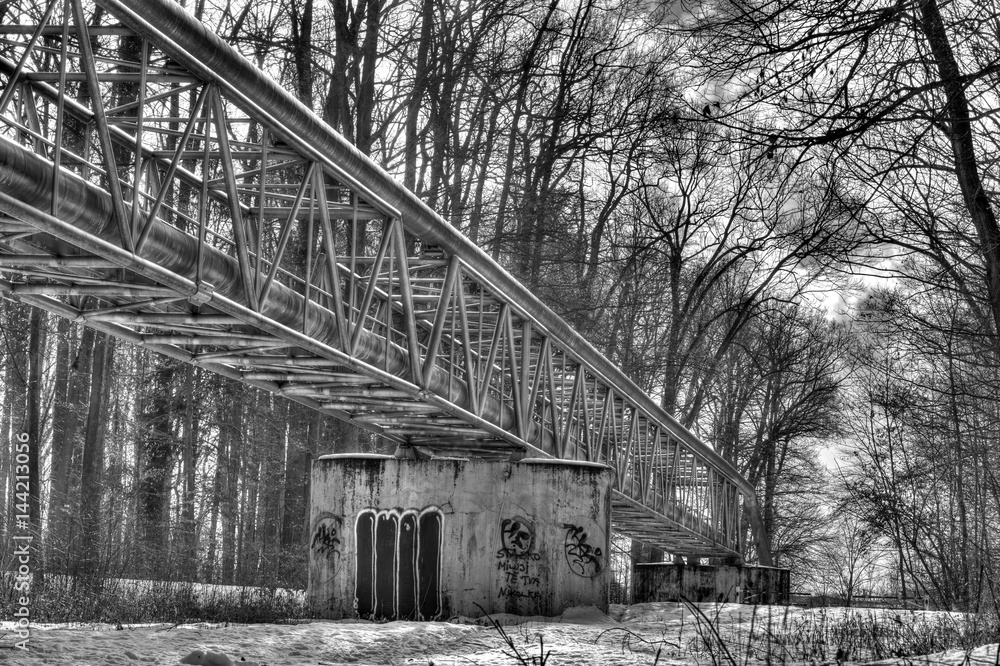 A black and white winter photo of a metallic structure supporting various pipes on concrete blocks running through a forest with sun shining though the canopy